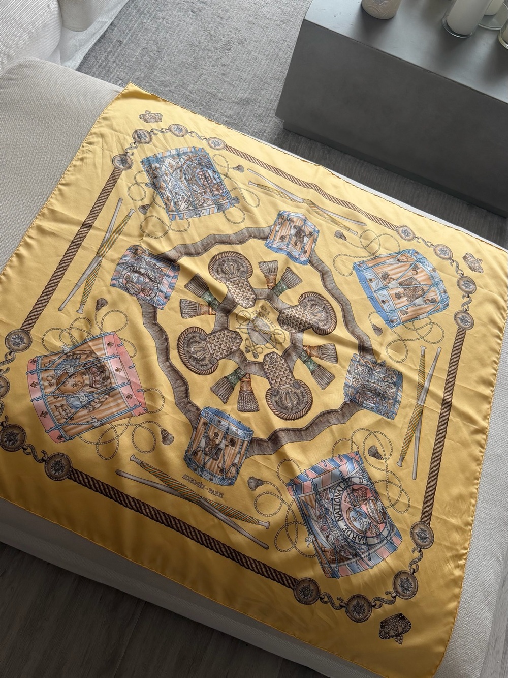 Hermes Yellow Silk Story Scarf with Multicolor Motifs